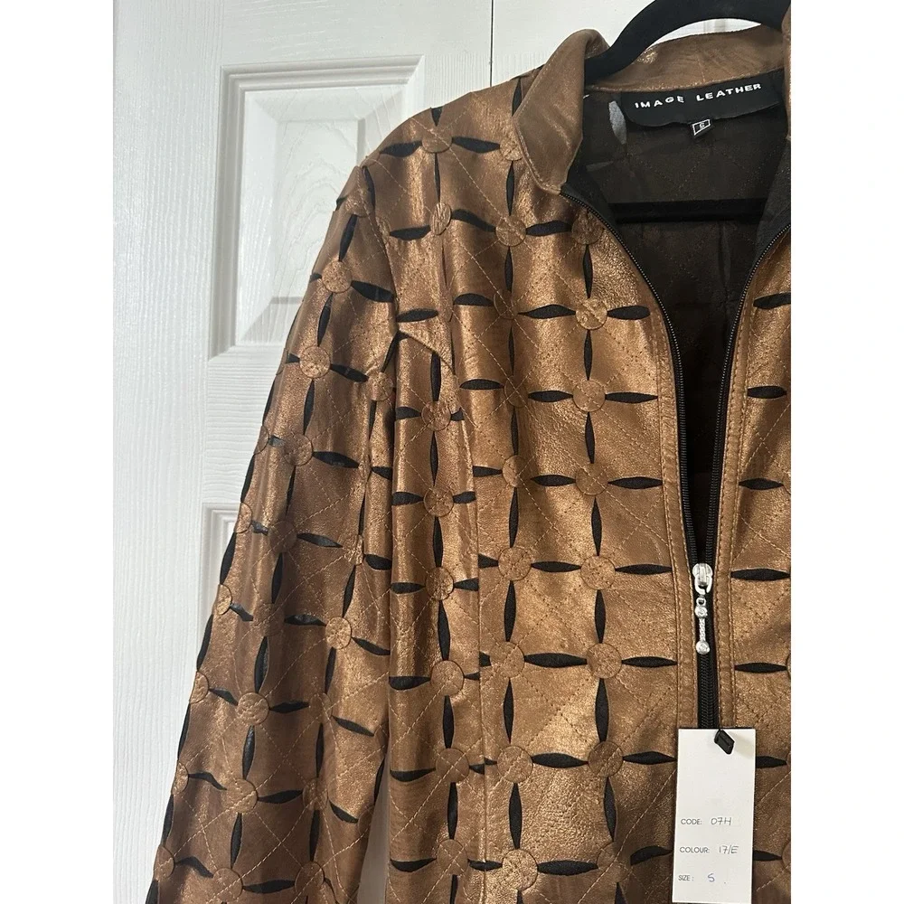 NWT Image Leather Women's Shiny Brown Laser Cut Leather Mesh Zip Up Jacket S